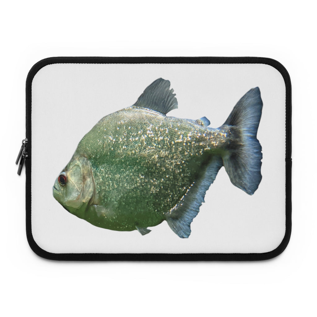 Glitter Green Fish Laptop Sleeve featuring a vibrant fish design on the front and a solid black back, perfect for protecting laptops.