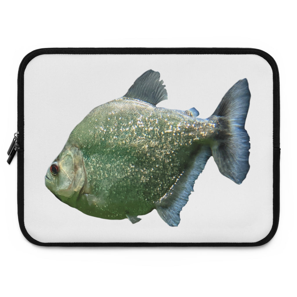 Glitter Green Fish Laptop Sleeve featuring a vibrant fish design on the front and a solid black back, perfect for protecting laptops.