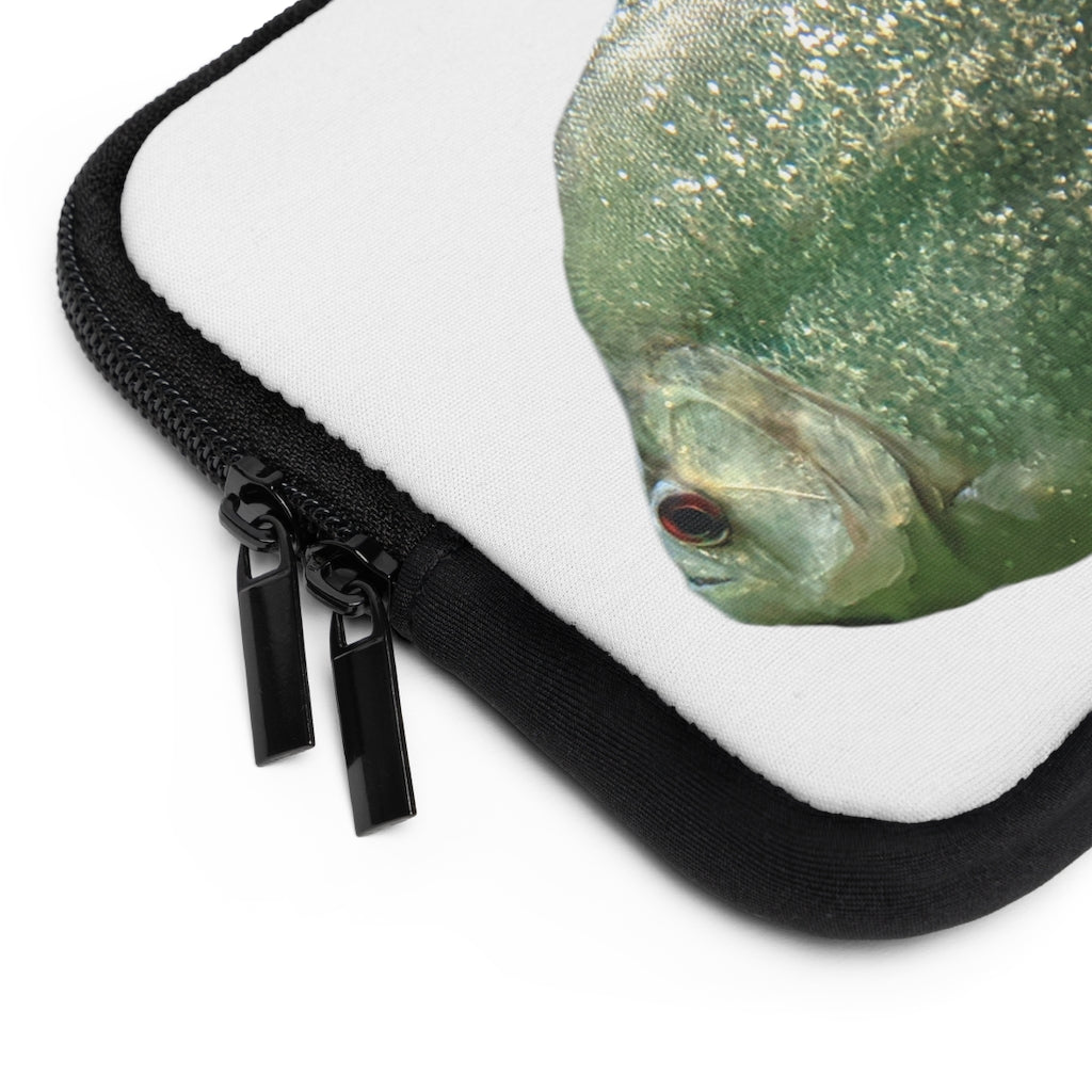 Glitter Green Fish Laptop Sleeve featuring a vibrant fish design on the front and a solid black back, perfect for protecting laptops.