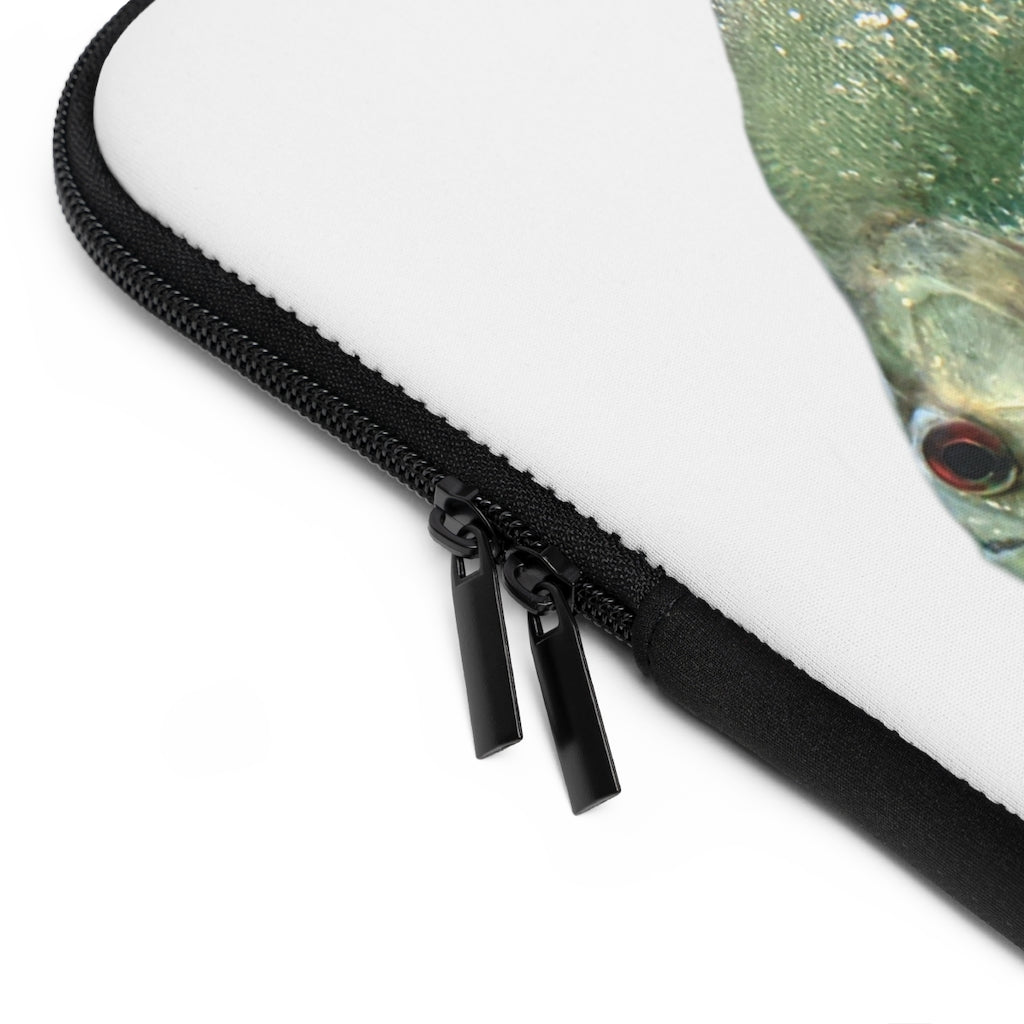 Glitter Green Fish Laptop Sleeve featuring a vibrant fish design on the front and a solid black back, perfect for protecting laptops.