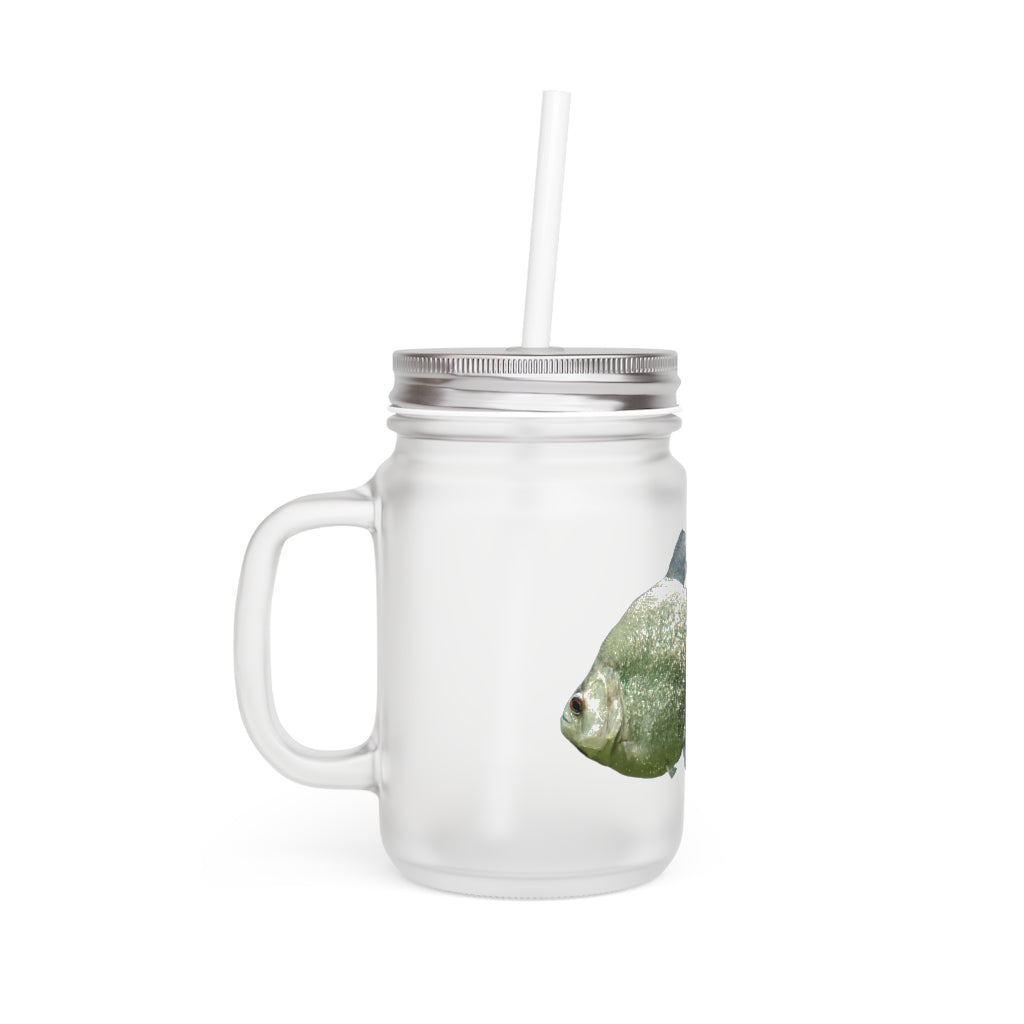 Glitter Green Fish Mason Jar with straw and lid, showcasing a frosted glass design perfect for drinks.