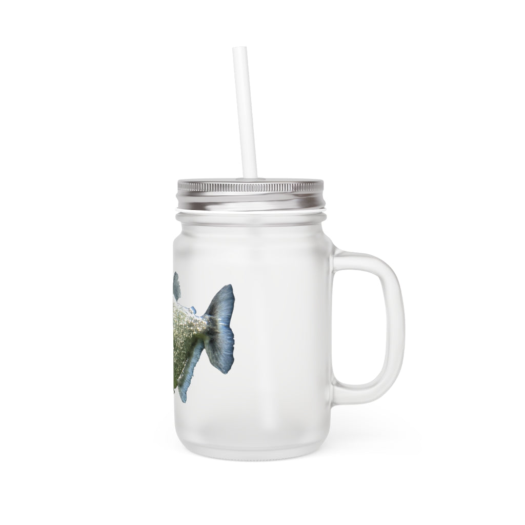 Glitter Green Fish Mason Jar with straw and lid, showcasing a frosted glass design perfect for drinks.