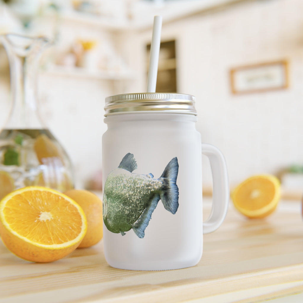 Glitter Green Fish Mason Jar with straw and lid, showcasing a frosted glass design perfect for drinks.