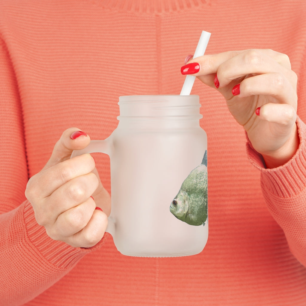 Glitter Green Fish Mason Jar with straw and lid, showcasing a frosted glass design perfect for drinks.