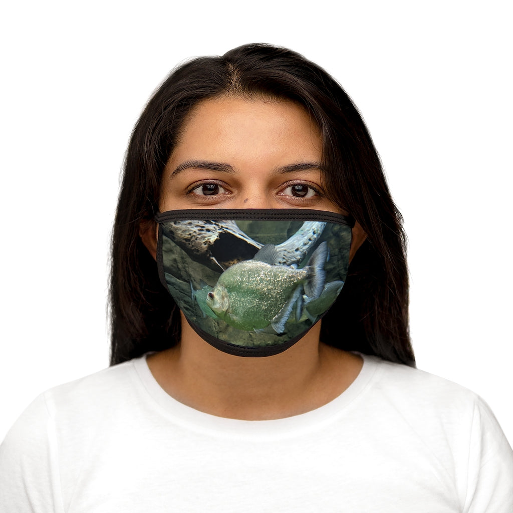 Glitter Green Fish Mixed-Fabric Face Mask featuring a vibrant fish design with a black outer edge and earloops.