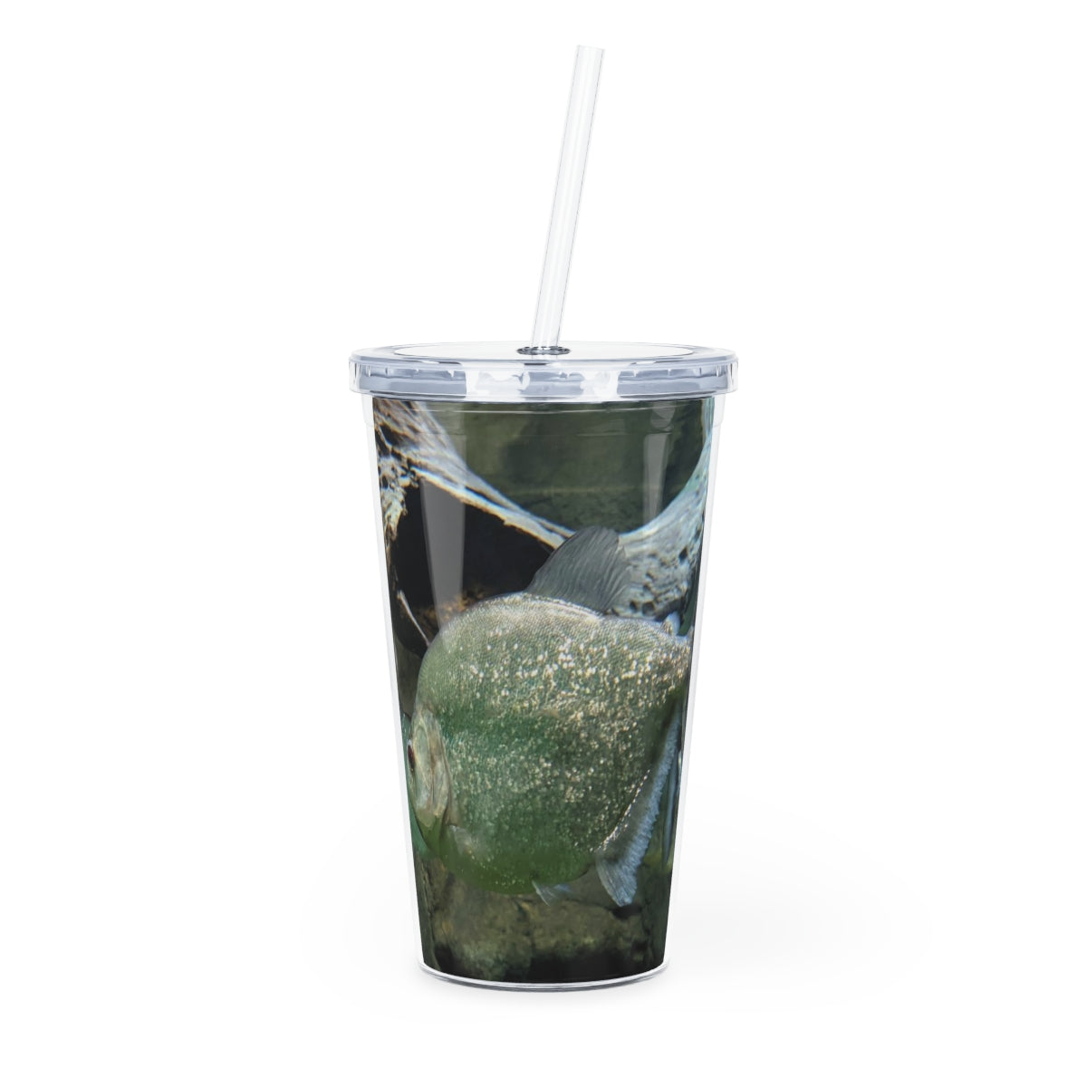 Glitter Green Fish Plastic Tumbler with Straw, showcasing a vibrant design and double wall insulation.