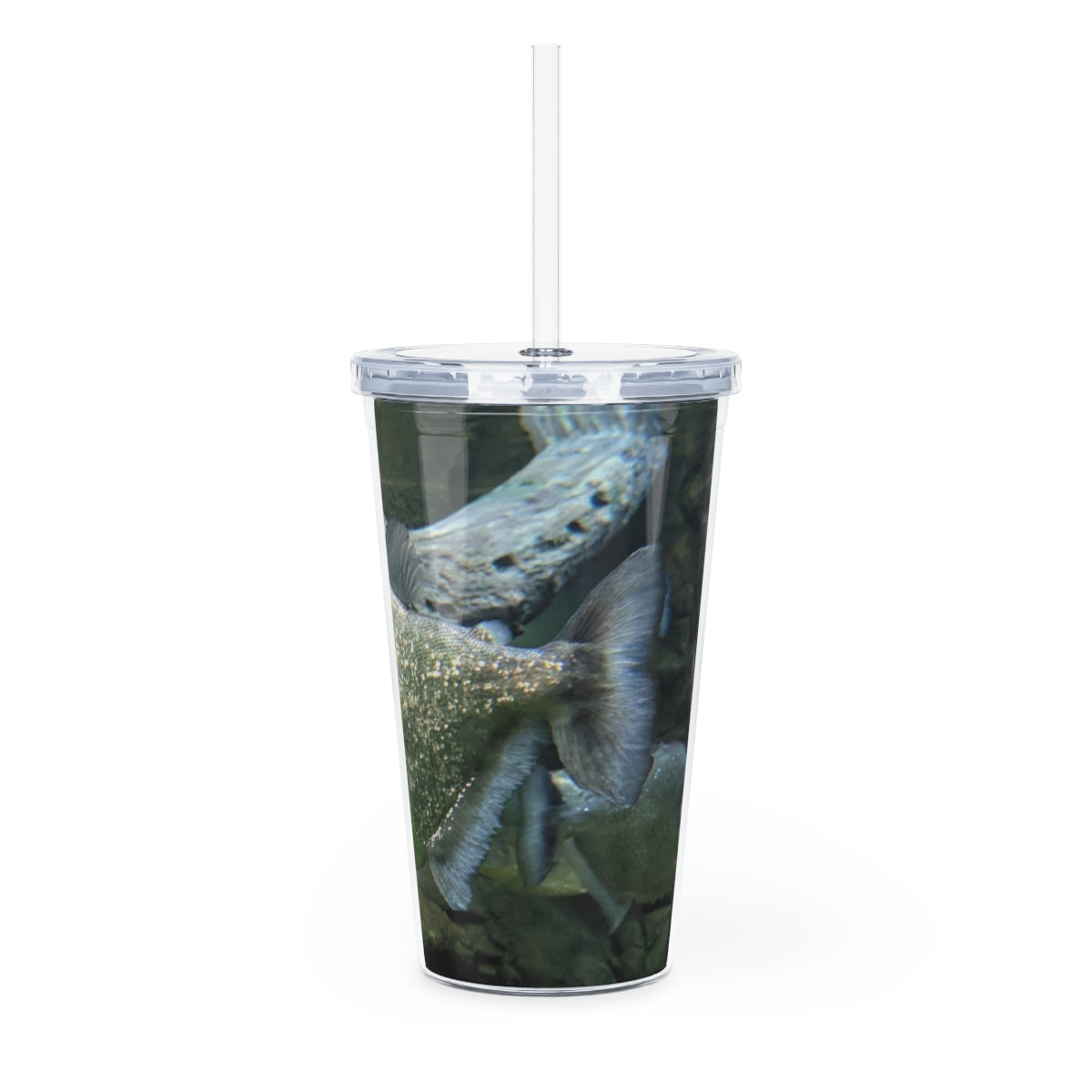 Glitter Green Fish Plastic Tumbler with Straw, showcasing a vibrant design and double wall insulation.