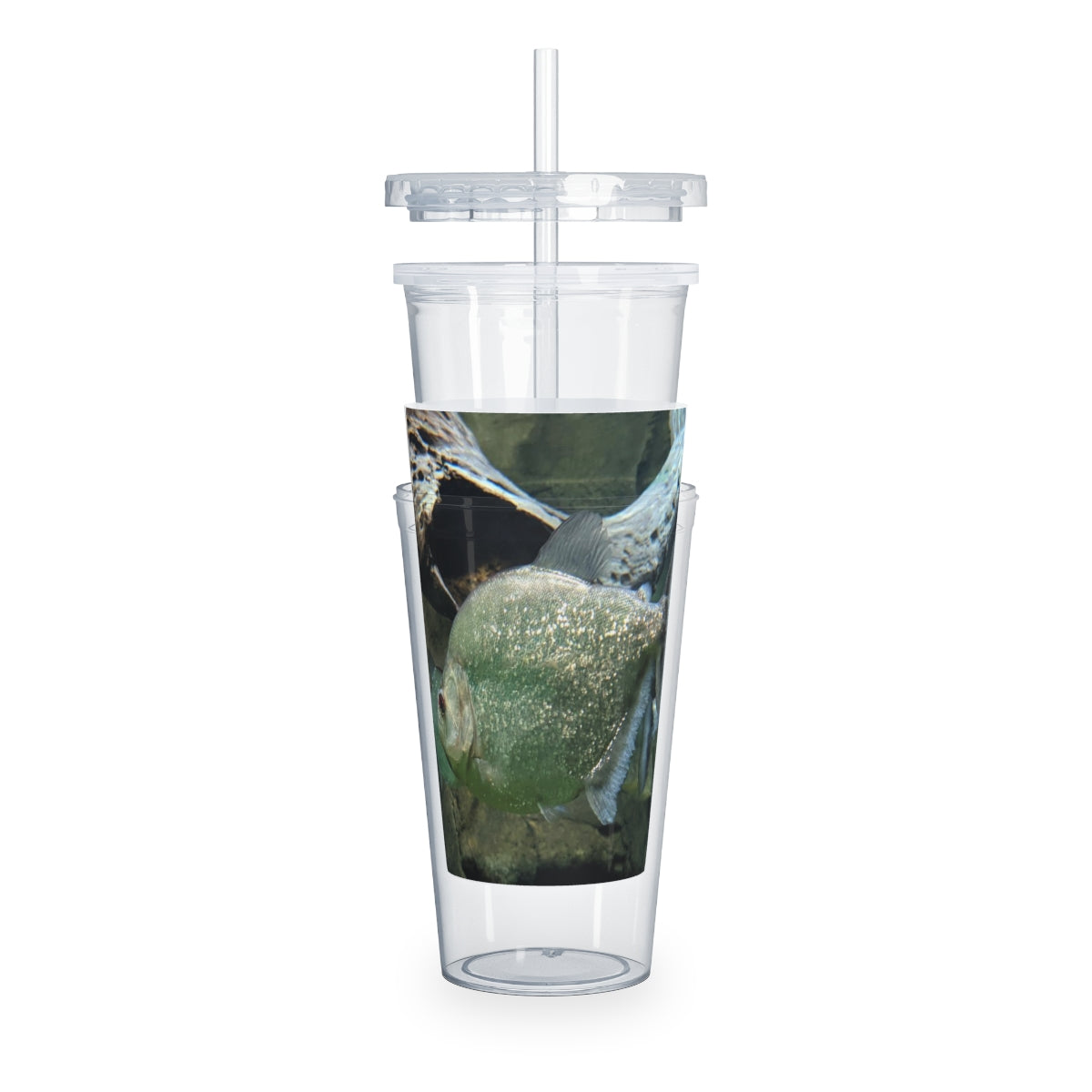 Glitter Green Fish Plastic Tumbler with Straw, showcasing a vibrant design and double wall insulation.