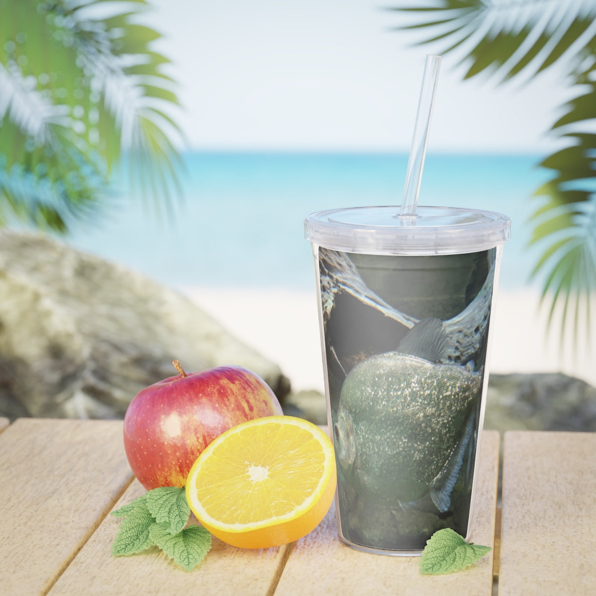 Glitter Green Fish Plastic Tumbler with Straw, showcasing a vibrant design and double wall insulation.