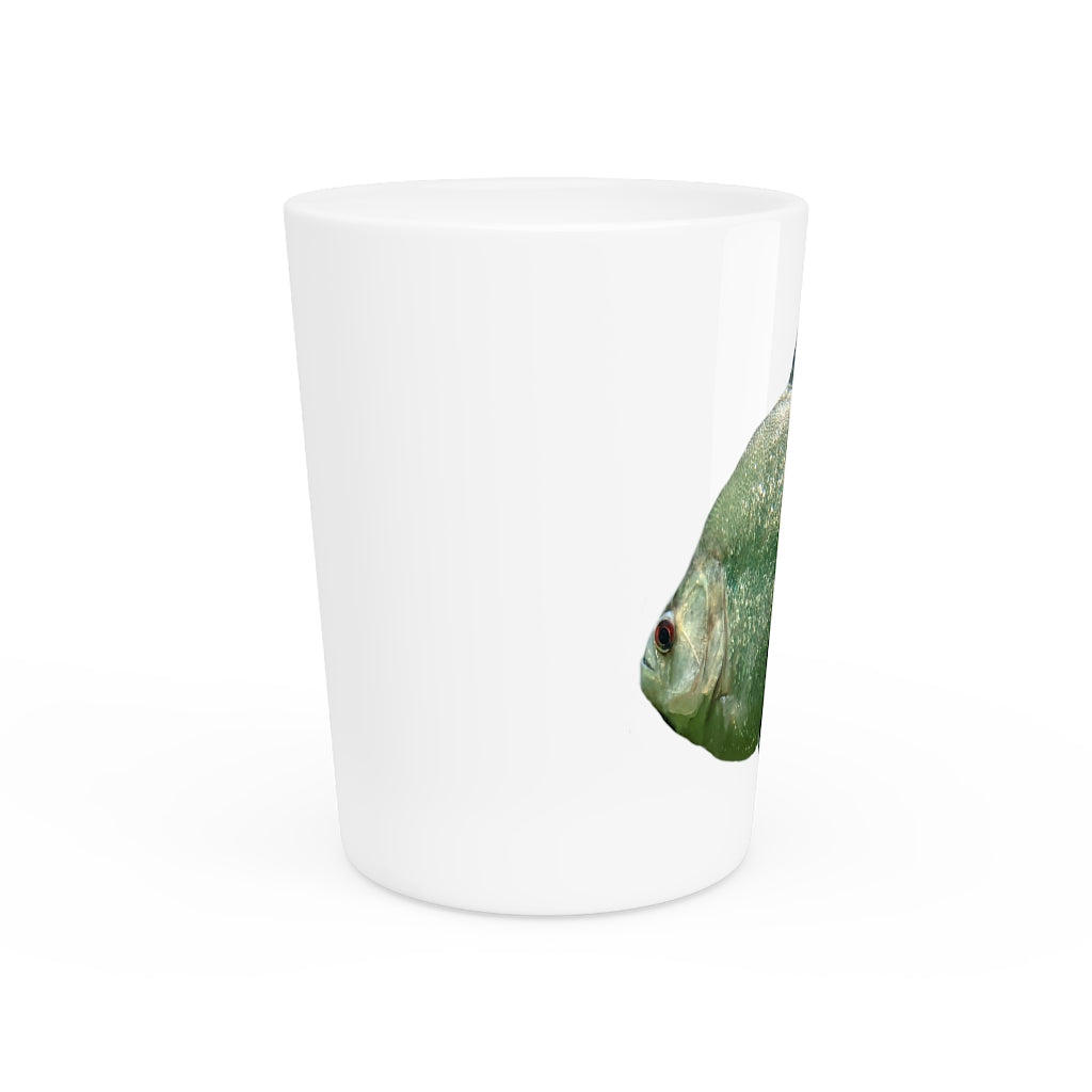 Glitter Green Fish Shot Glass with white ceramic finish and customizable design, perfect for events and gifting.