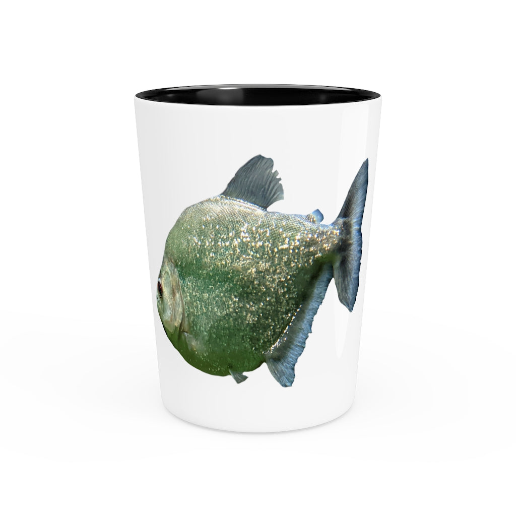 Glitter Green Fish Shot Glass with white ceramic finish and customizable design, perfect for events and gifting.