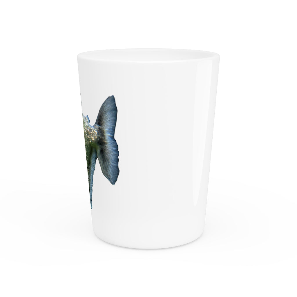 Glitter Green Fish Shot Glass with white ceramic finish and customizable design, perfect for events and gifting.