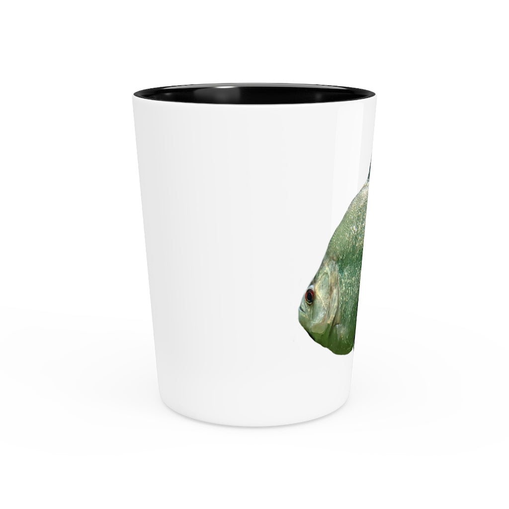 Glitter Green Fish Shot Glass with white ceramic finish and customizable design, perfect for events and gifting.