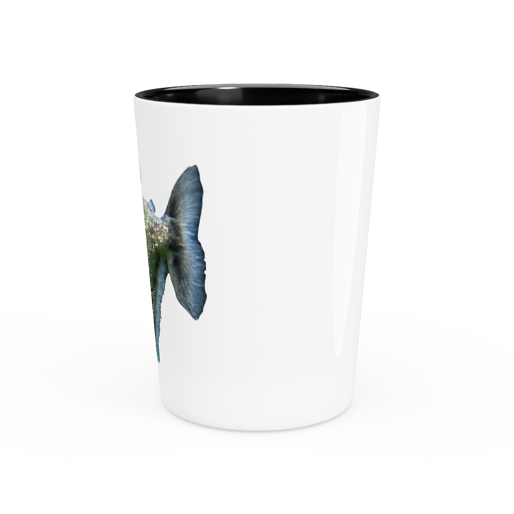 Glitter Green Fish Shot Glass with white ceramic finish and customizable design, perfect for events and gifting.