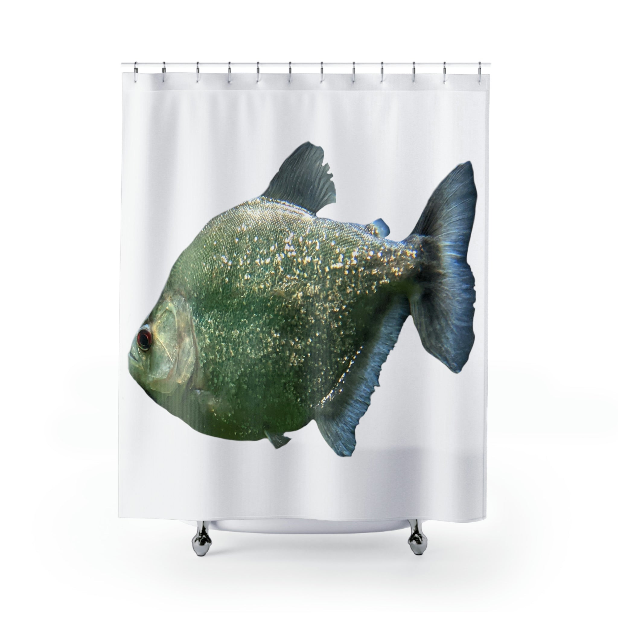 A vibrant glitter green fish shower curtain showcasing colorful fish designs on a durable polyester fabric, perfect for bathroom decor.