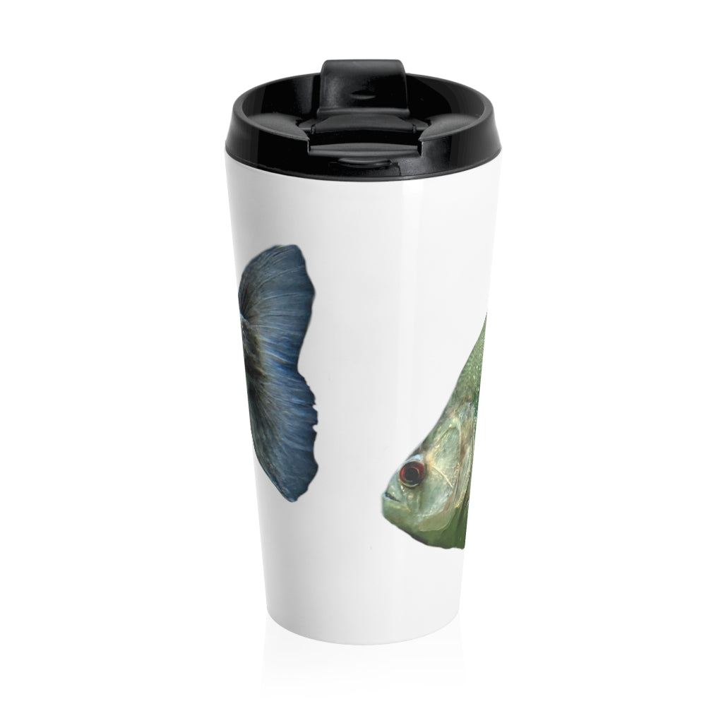 Glitter Green Fish Stainless Steel Travel Mug with black lid, showcasing a vibrant fish design.