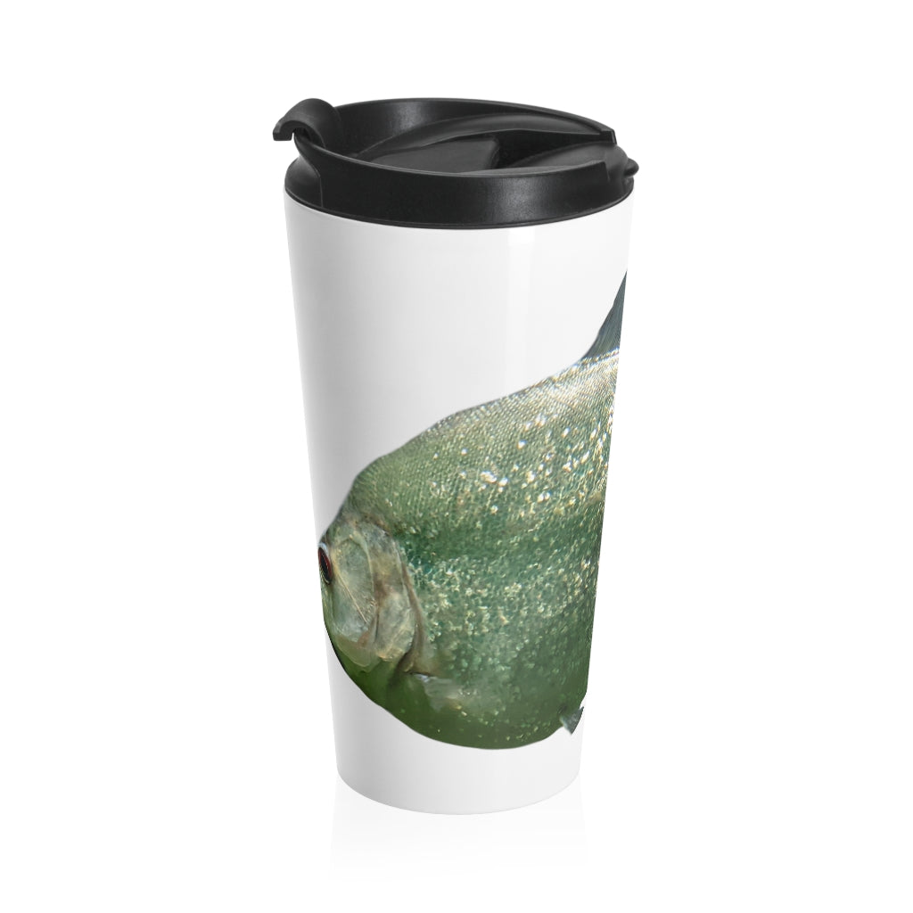 Glitter Green Fish Stainless Steel Travel Mug with black lid, showcasing a vibrant fish design.