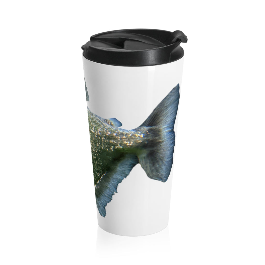 Glitter Green Fish Stainless Steel Travel Mug with black lid, showcasing a vibrant fish design.