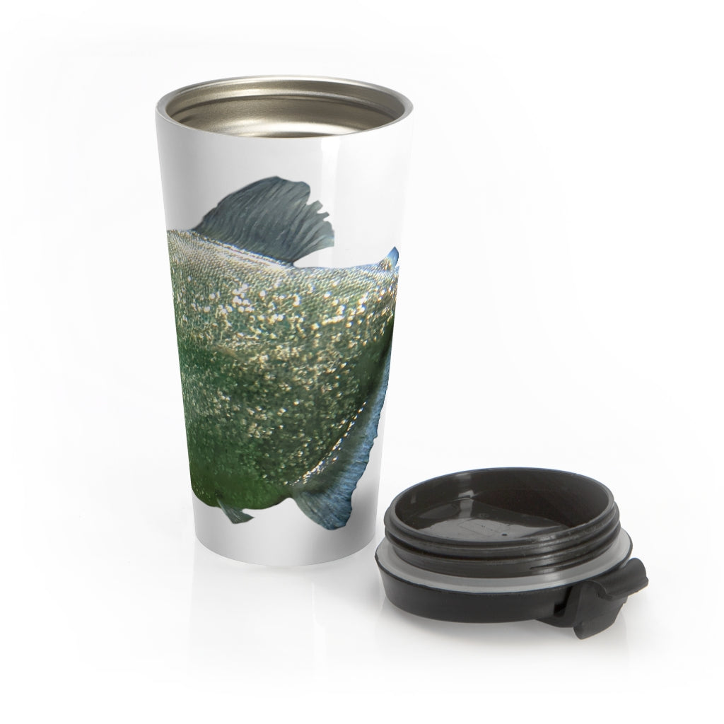 Glitter Green Fish Stainless Steel Travel Mug with black lid, showcasing a vibrant fish design.