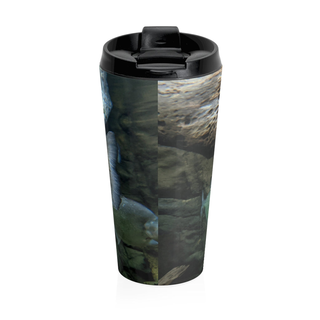 Glitter Green Fish Stainless Steel Travel Mug with black lid, showcasing vibrant fish design.