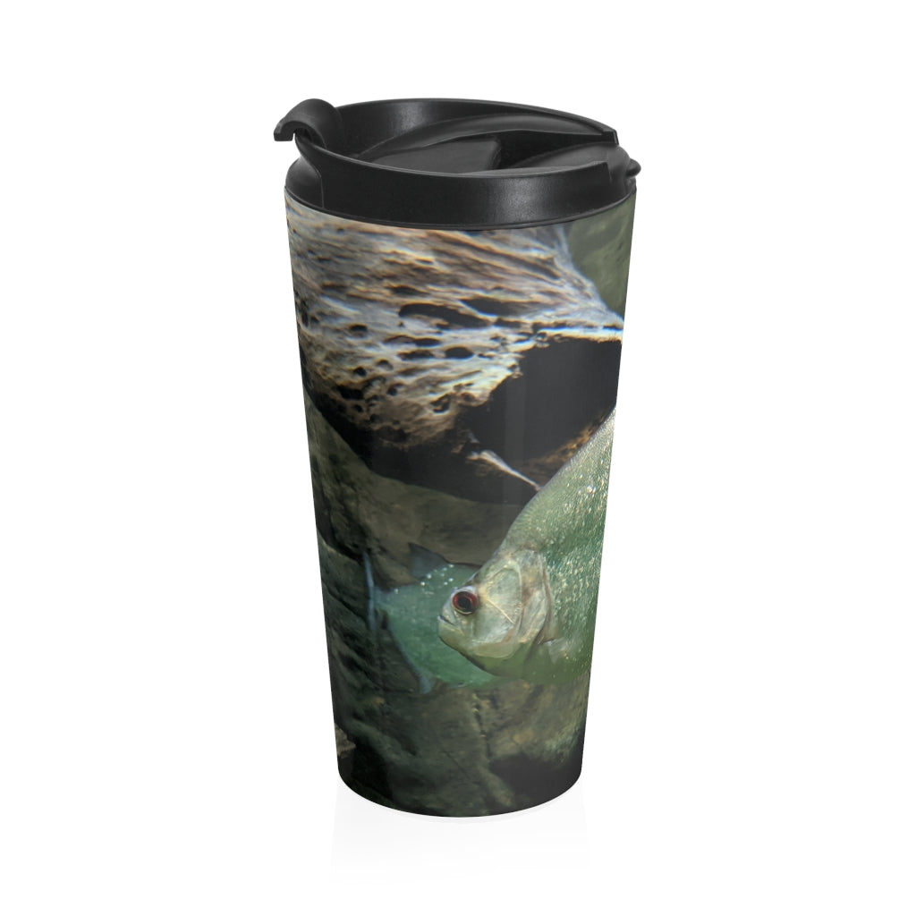 Glitter Green Fish Stainless Steel Travel Mug with black lid, showcasing vibrant fish design.