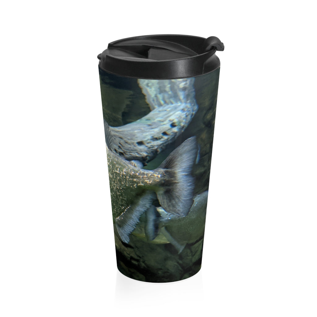 Glitter Green Fish Stainless Steel Travel Mug with black lid, showcasing vibrant fish design.