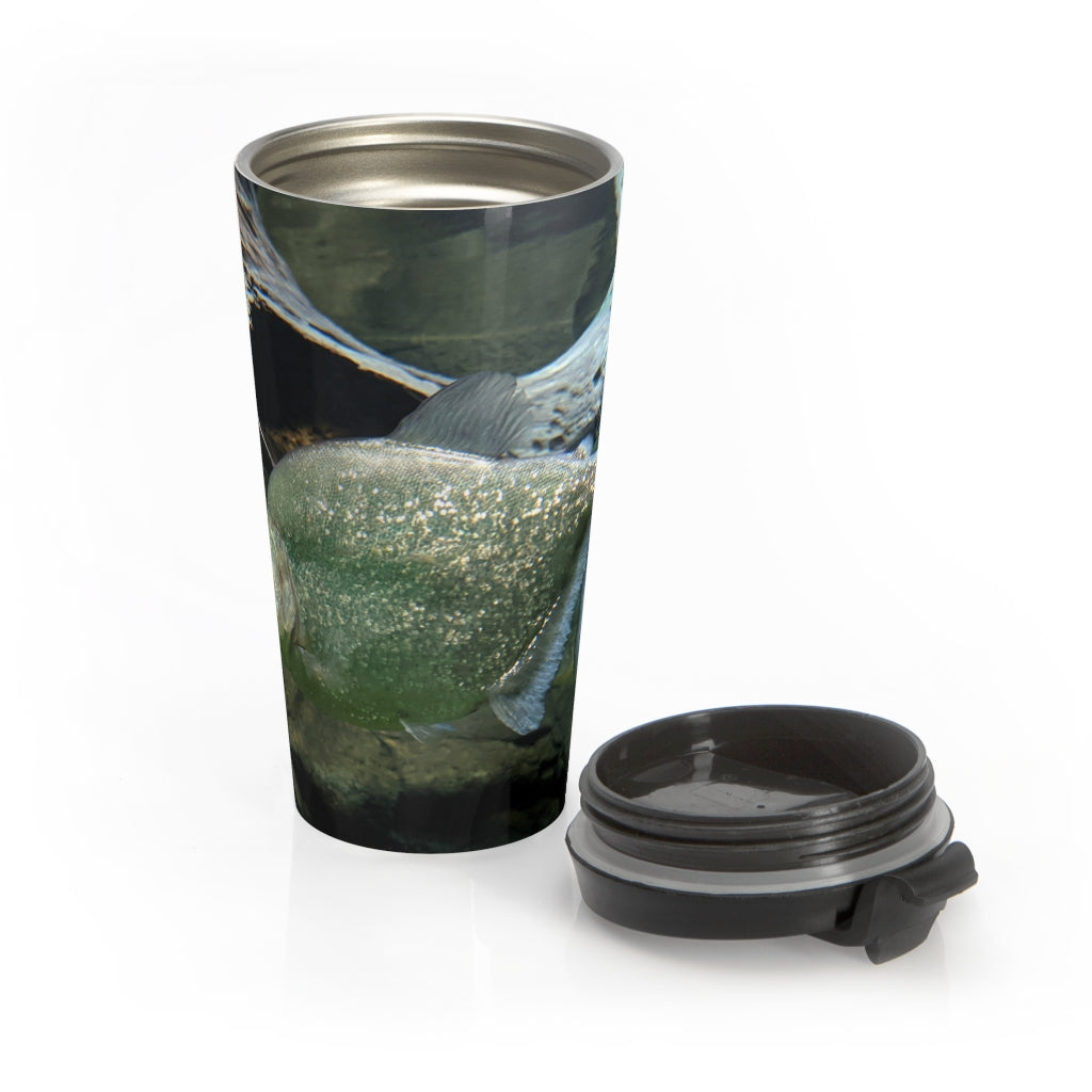 Glitter Green Fish Stainless Steel Travel Mug with black lid, showcasing vibrant fish design.