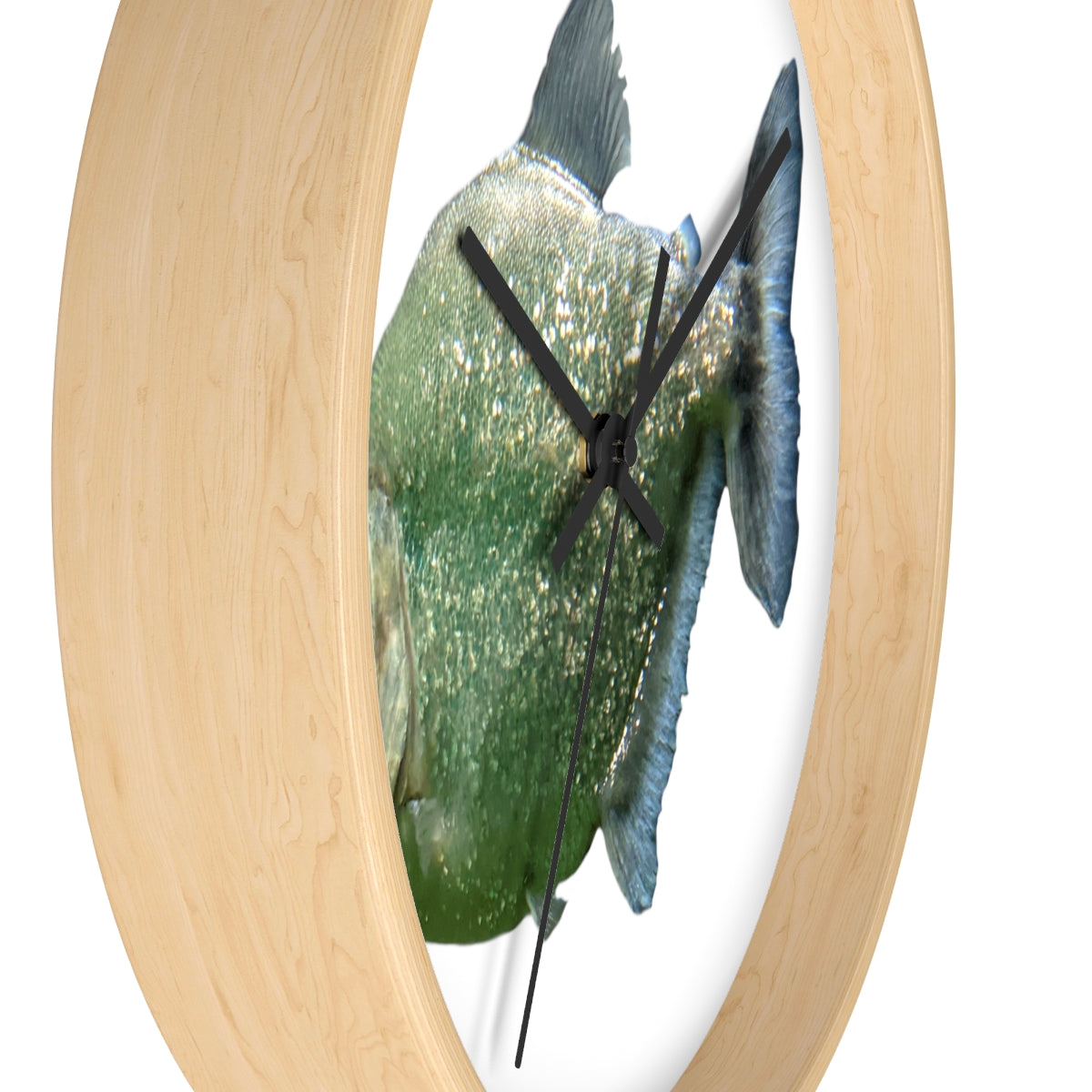 Glitter Green Fish Wall Clock with wooden frame and plexiglass face, featuring a unique fish design.