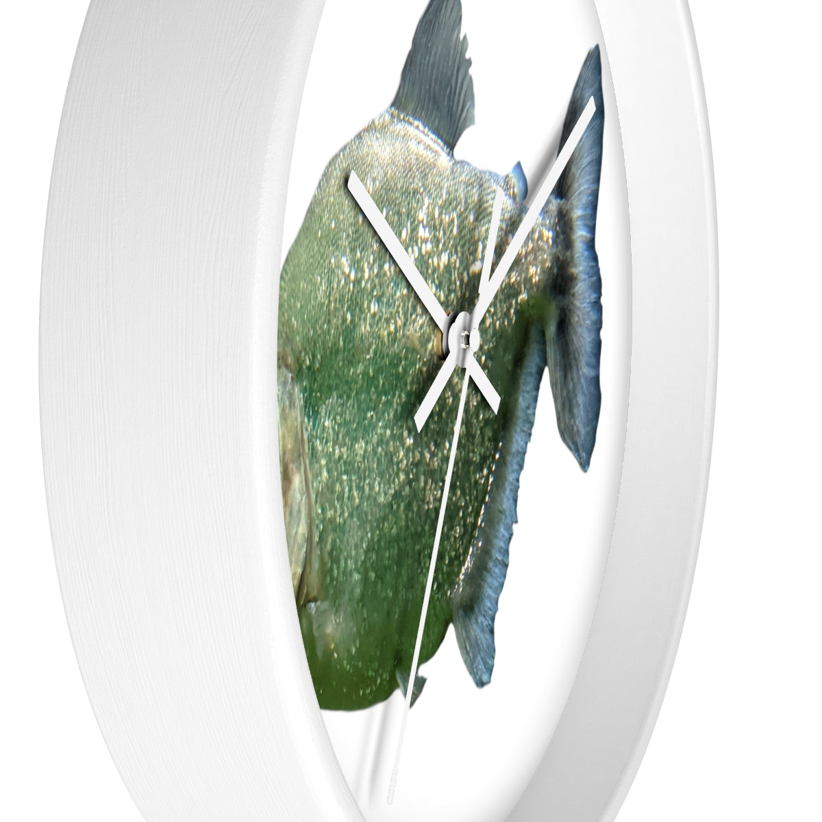 Glitter Green Fish Wall Clock with wooden frame and plexiglass face, featuring a unique fish design.