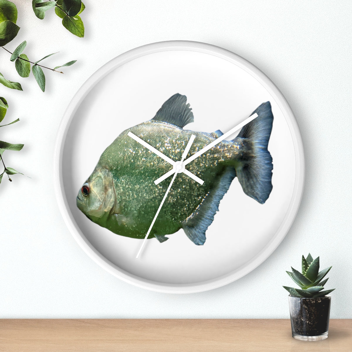 Glitter Green Fish Wall Clock with wooden frame and plexiglass face, featuring a unique fish design.