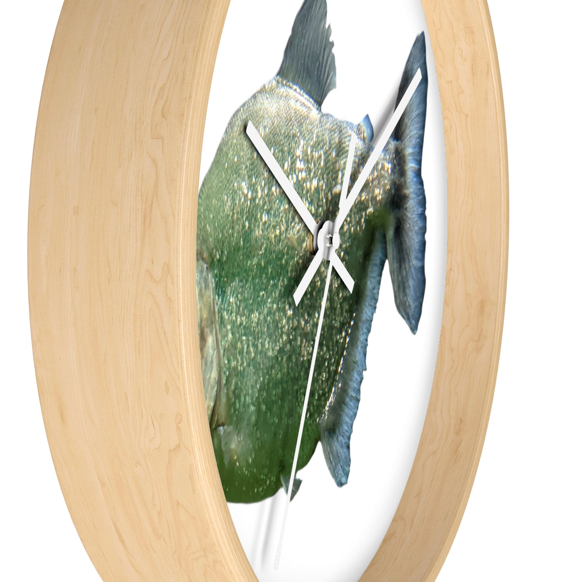 Glitter Green Fish Wall Clock with wooden frame and plexiglass face, featuring a unique fish design.