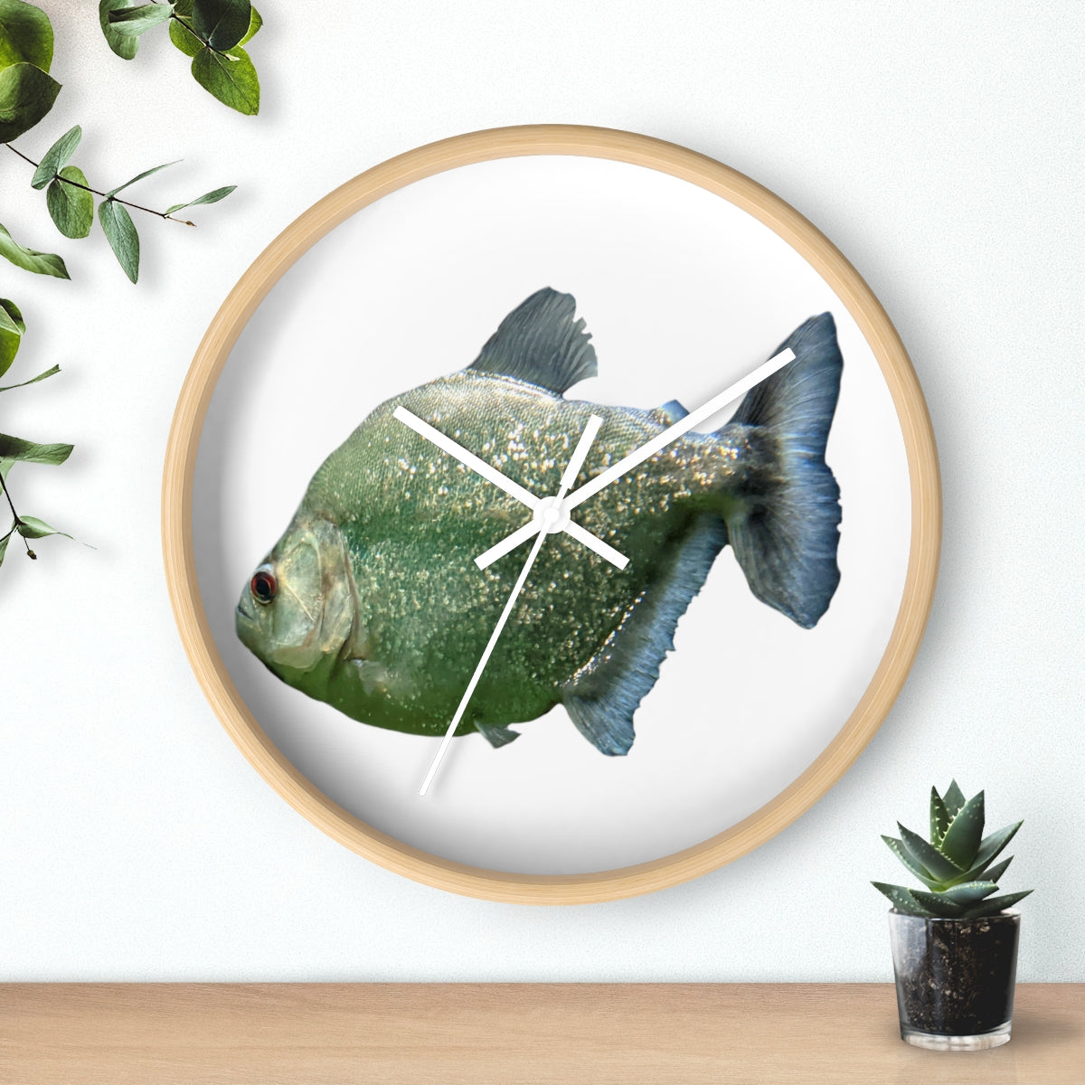 Glitter Green Fish Wall Clock with wooden frame and plexiglass face, featuring a unique fish design.