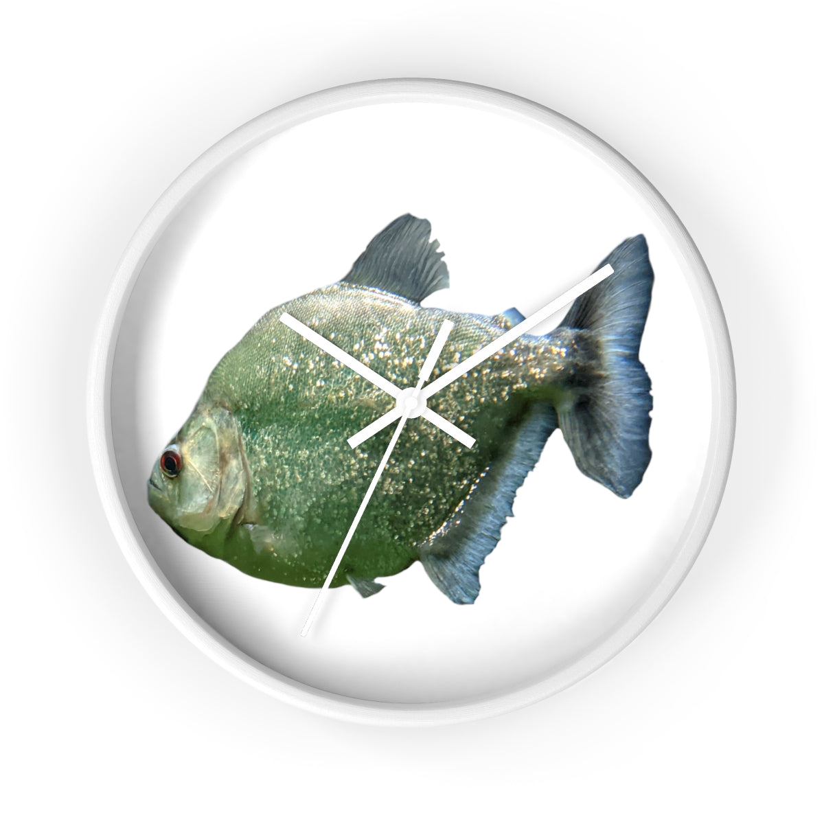 Glitter Green Fish Wall Clock with wooden frame and plexiglass face, featuring a unique fish design.