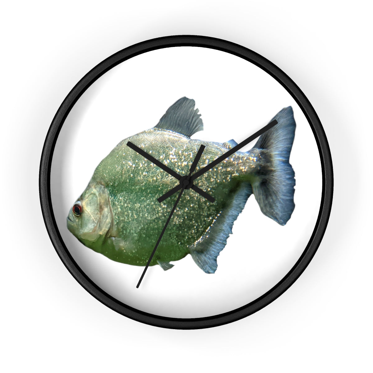 Glitter Green Fish Wall Clock with wooden frame and plexiglass face, featuring a unique fish design.