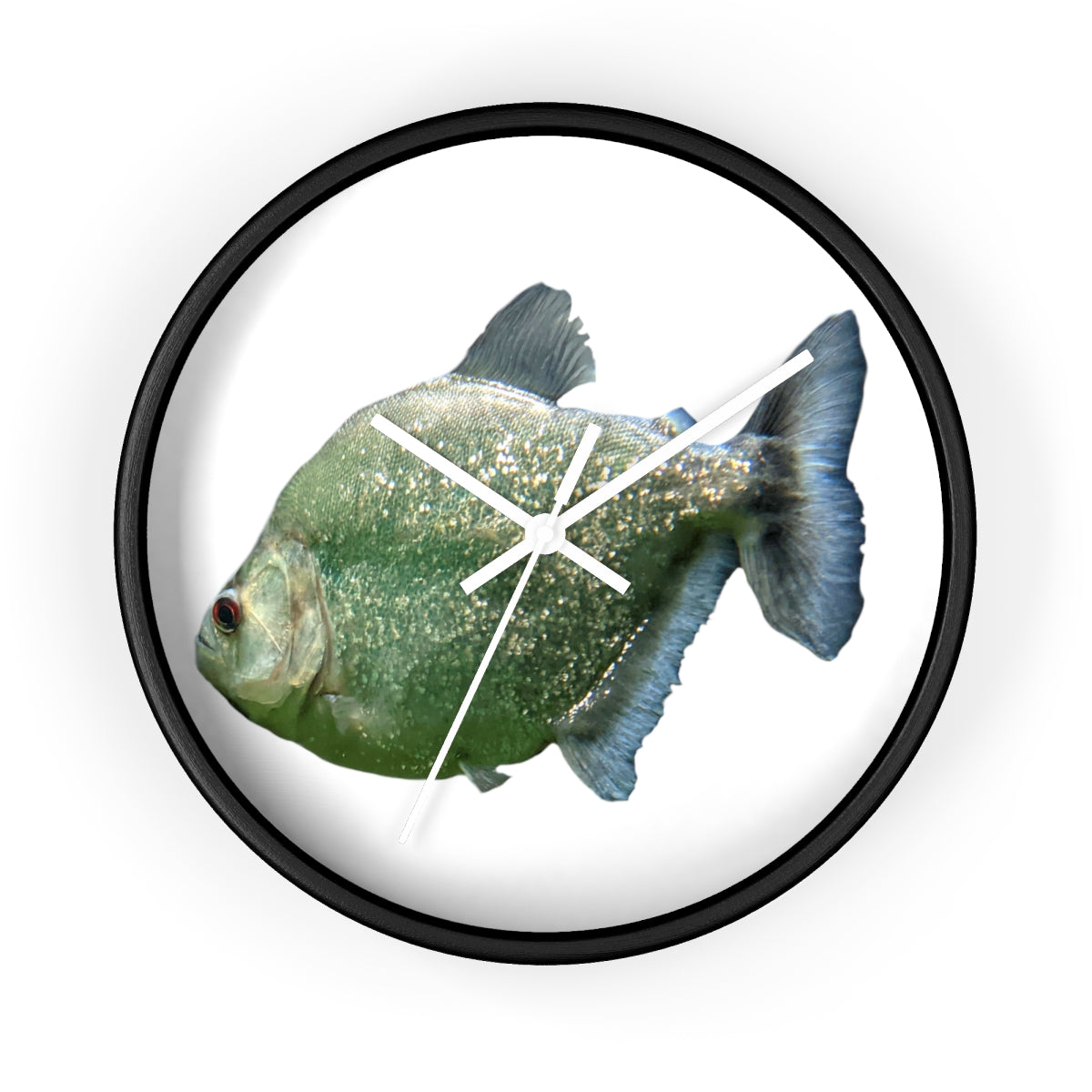 Glitter Green Fish Wall Clock with wooden frame and plexiglass face, featuring a unique fish design.