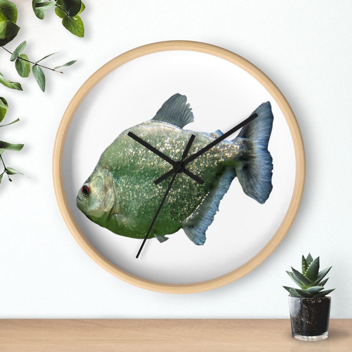 Glitter Green Fish Wall Clock with wooden frame and plexiglass face, featuring a unique fish design.