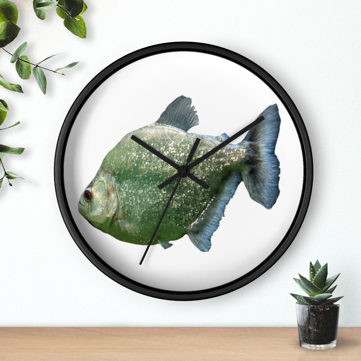 Glitter Green Fish Wall Clock with wooden frame and plexiglass face, featuring a unique fish design.