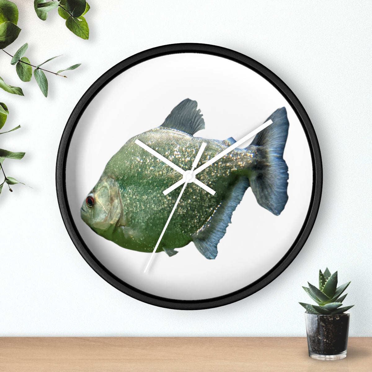 Glitter Green Fish Wall Clock with wooden frame and plexiglass face, featuring a unique fish design.