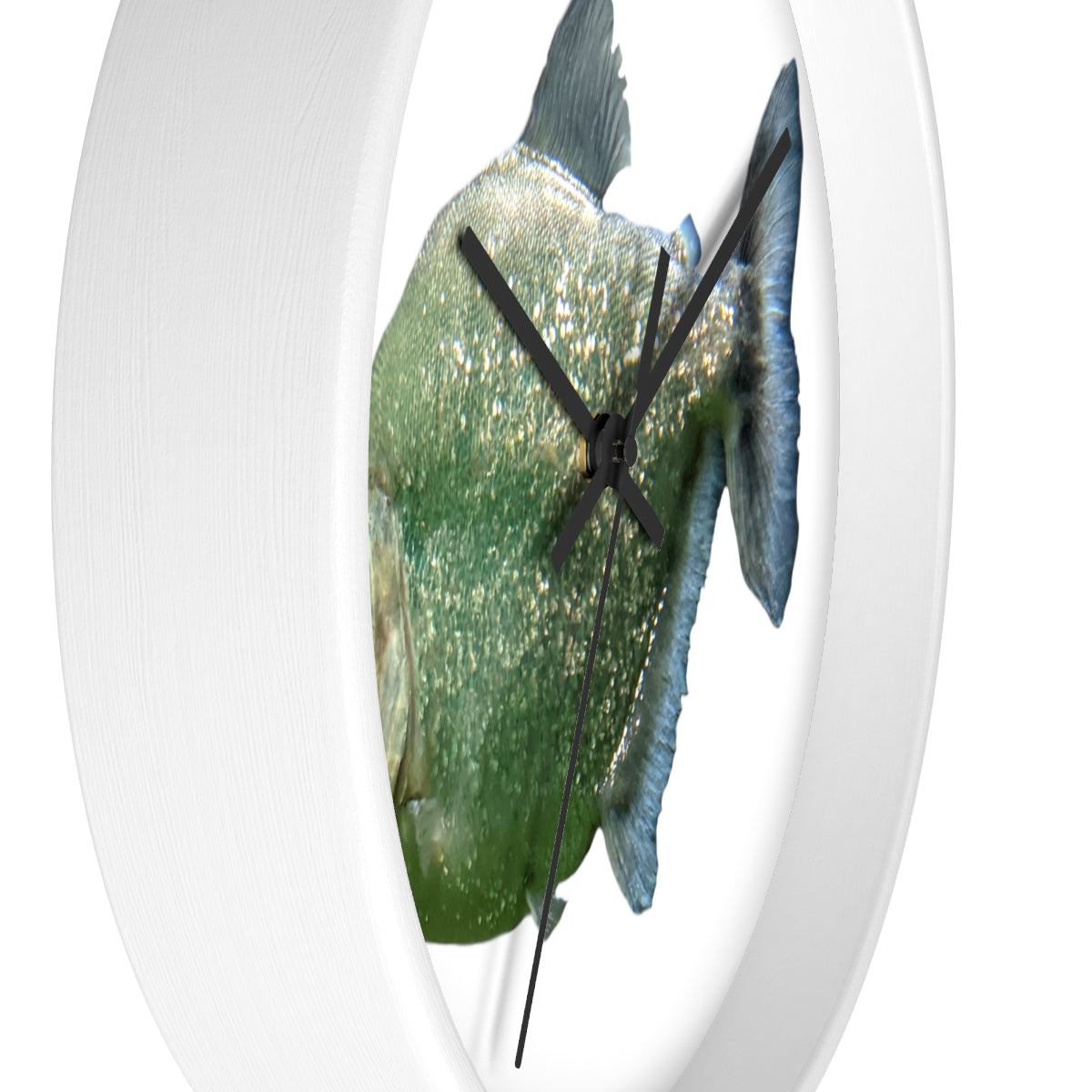 Glitter Green Fish Wall Clock with wooden frame and plexiglass face, featuring a unique fish design.