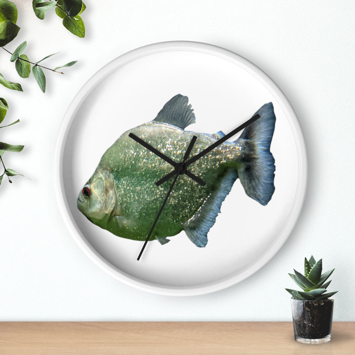 Glitter Green Fish Wall Clock with wooden frame and plexiglass face, featuring a unique fish design.