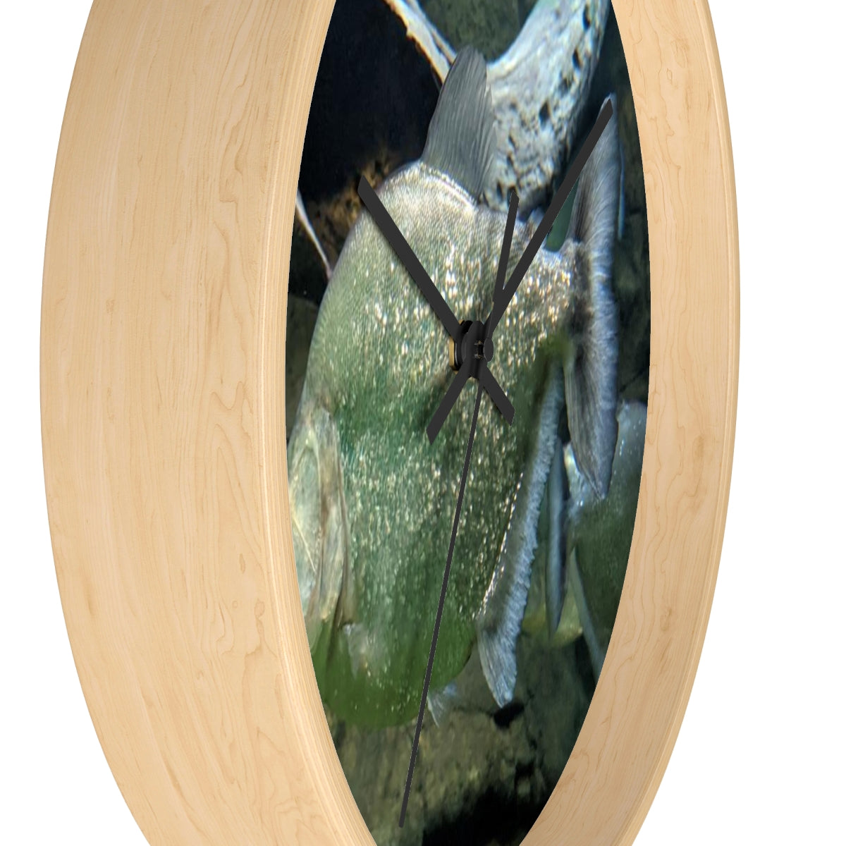 Glitter Green Fish Wall Clock with wooden frame and plexiglass face, showcasing a vibrant fish design.