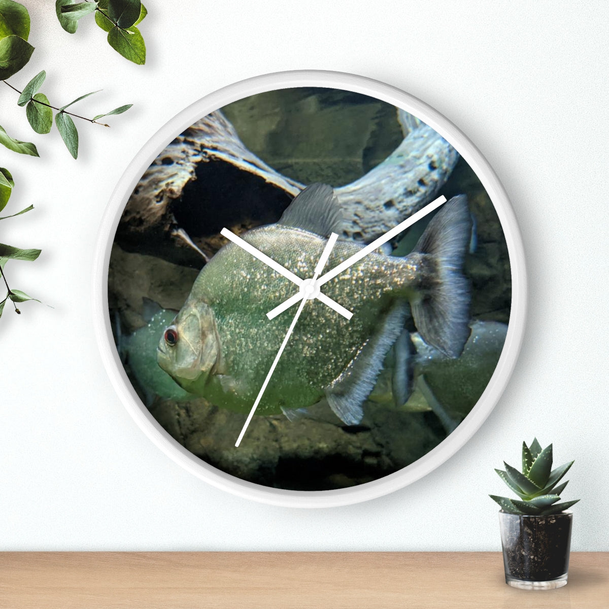 Glitter Green Fish Wall Clock with wooden frame and plexiglass face, showcasing a vibrant fish design.