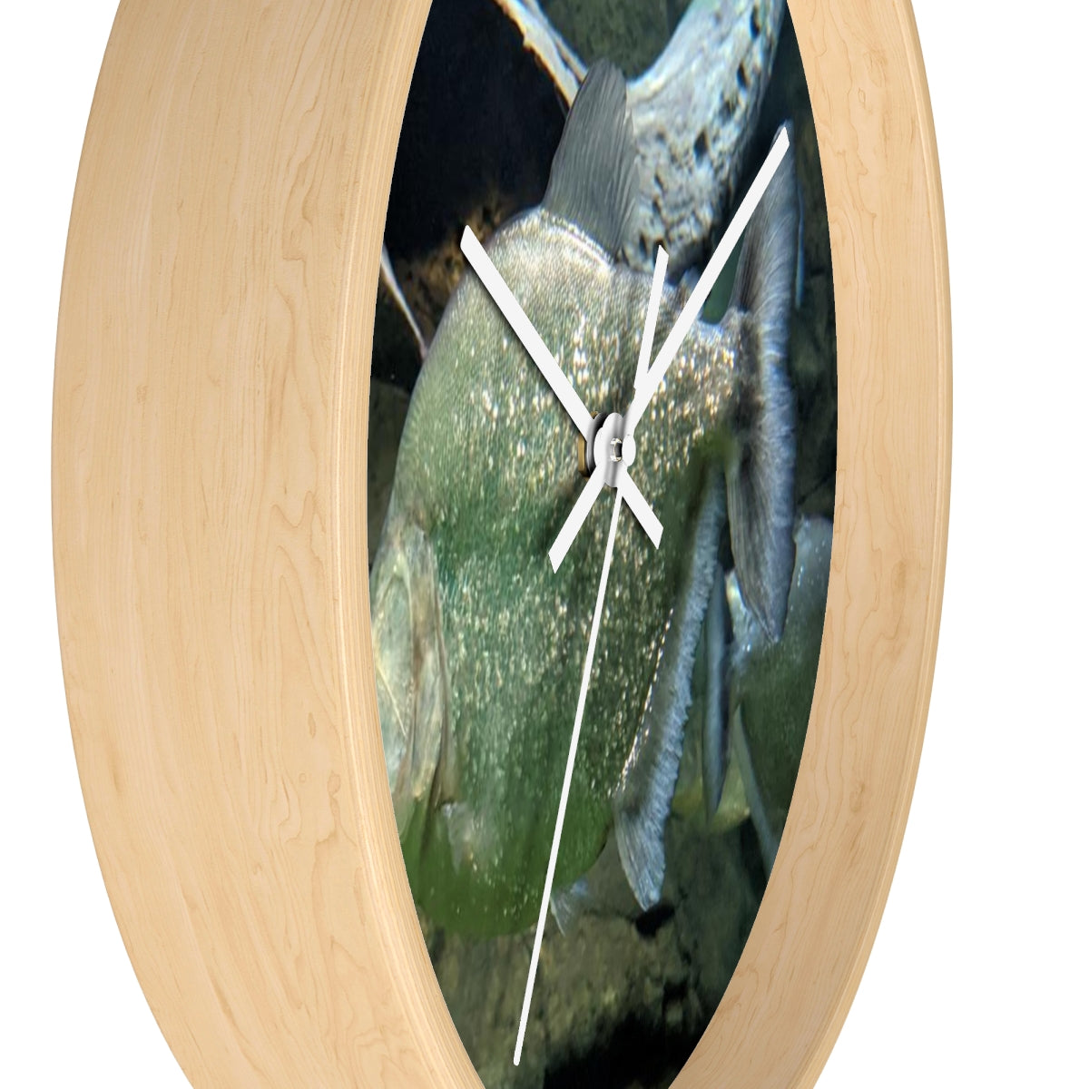 Glitter Green Fish Wall Clock with wooden frame and plexiglass face, showcasing a vibrant fish design.