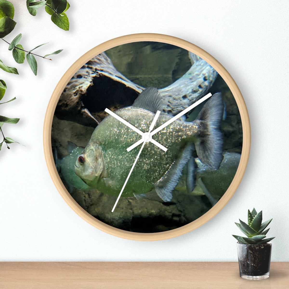 Glitter Green Fish Wall Clock with wooden frame and plexiglass face, showcasing a vibrant fish design.