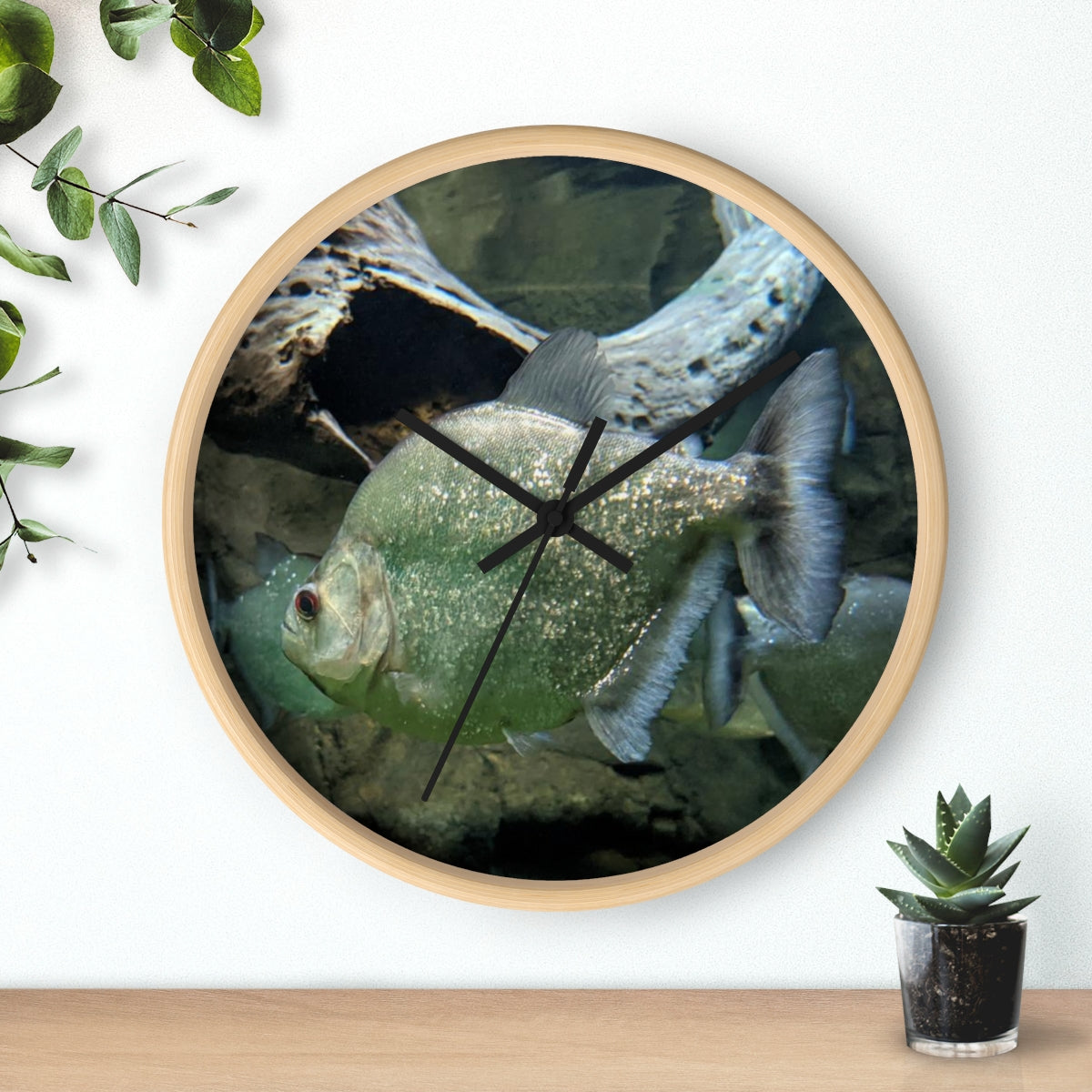 Glitter Green Fish Wall Clock with wooden frame and plexiglass face, showcasing a vibrant fish design.