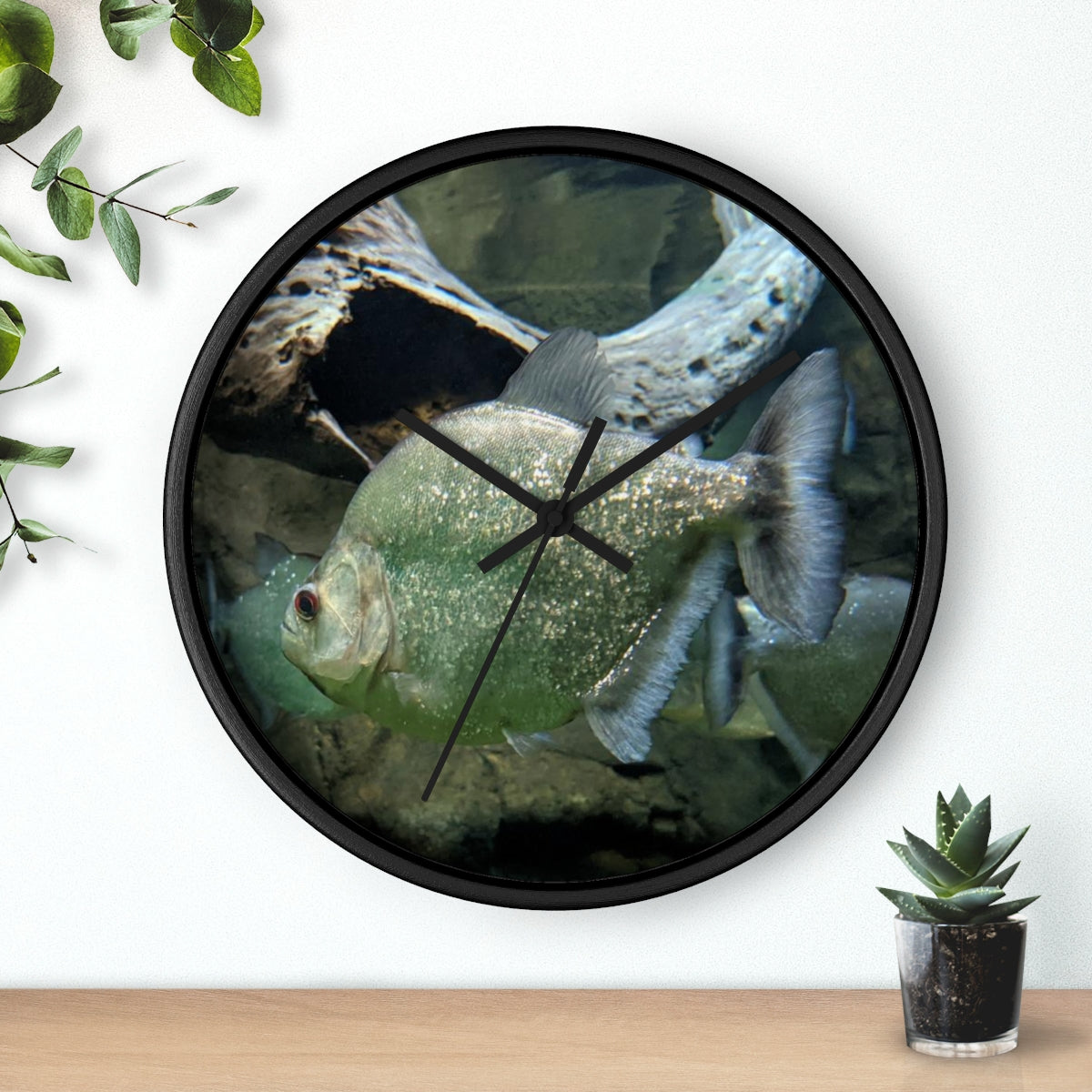 Glitter Green Fish Wall Clock with wooden frame and plexiglass face, showcasing a vibrant fish design.