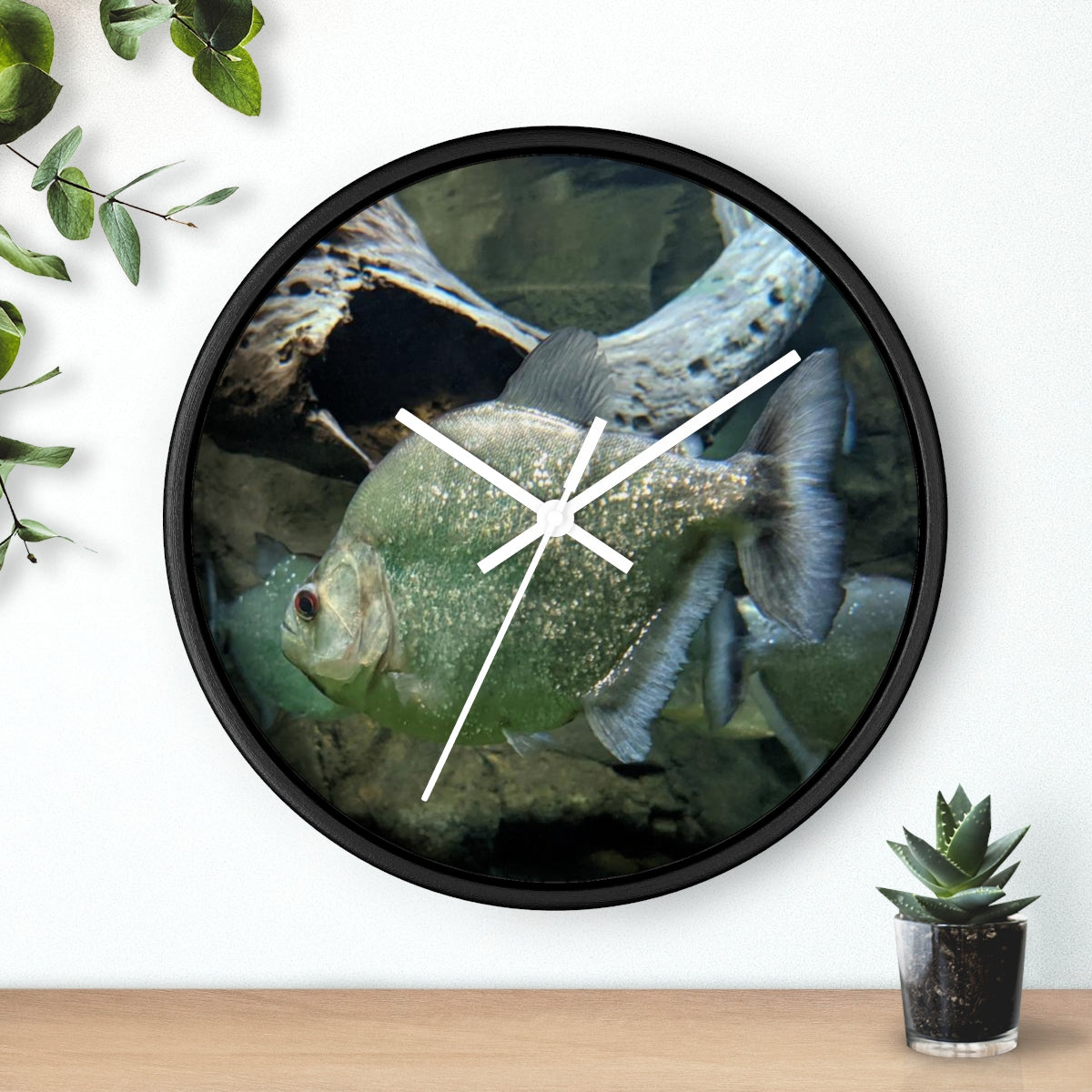 Glitter Green Fish Wall Clock with wooden frame and plexiglass face, showcasing a vibrant fish design.