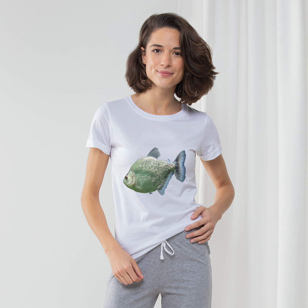 Glitter Green Fish Women's Long Pant Pyjama Set featuring a white t-shirt, heather grey or light pink striped pants, and a matching drawcord bag.