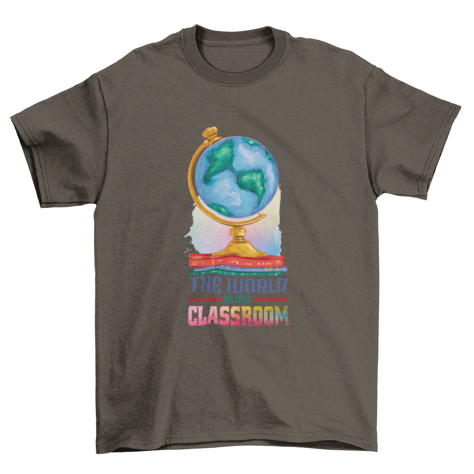 A stylish t-shirt featuring a globe on a pile of books with the quote 'The world is my classroom'.