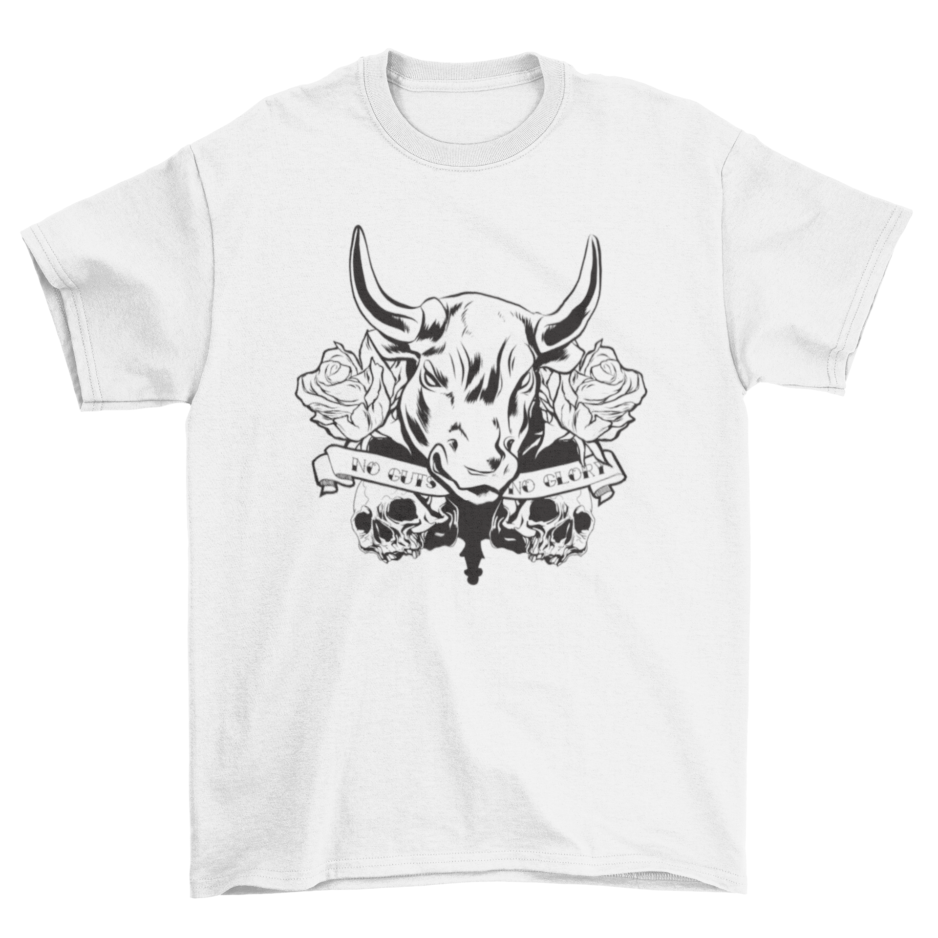 Glory Bull T-Shirt featuring an angry bull illustration with roses, skulls, and a ribbon that reads 'No guts no glory'.